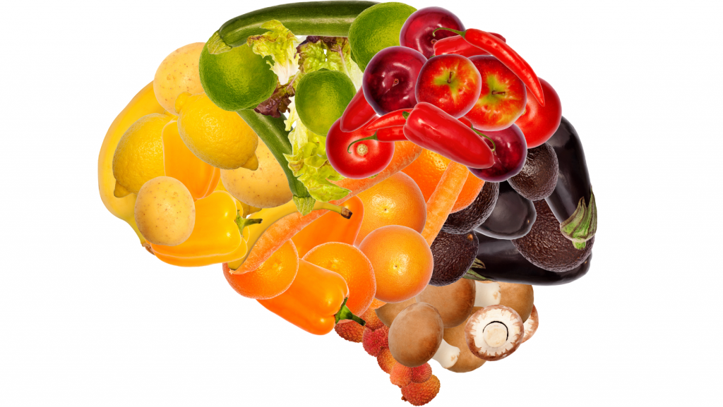 Ein Gehirnabbild gebildet aus gesunden Lebensmitteln.